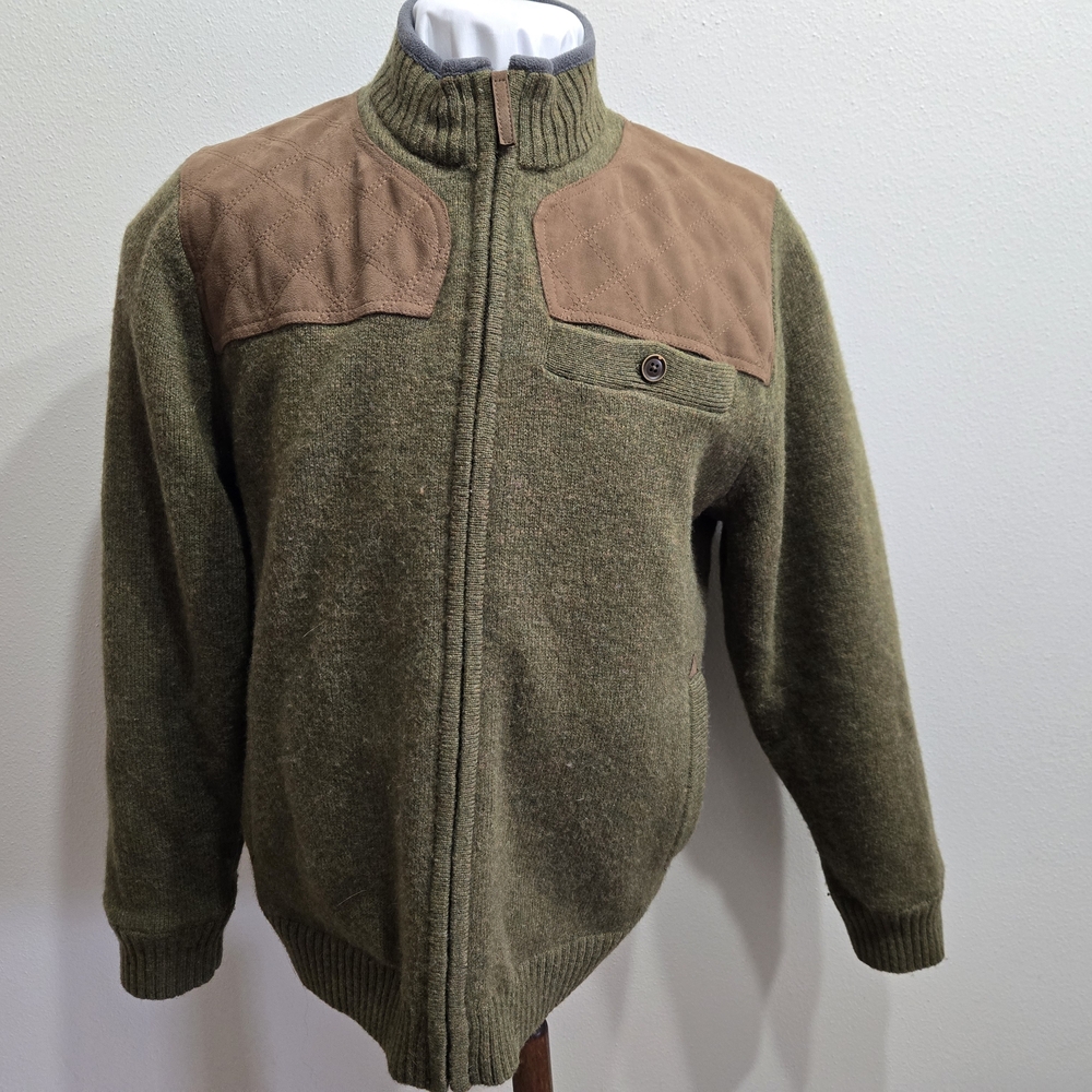 Duluth Trading Co Men’s Lrg Shetland Wool Windproof Full Zip Sweater Olive Green